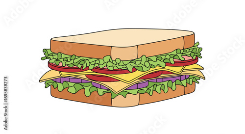 Delicious stacked sandwich with fresh lettuce tomato onion and cheese layers