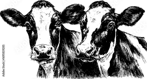 Cow heads set in black and white sketch style. Vector illustration shows detailed livestock features.