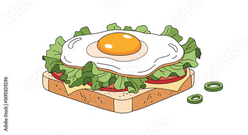 Delicious open faced breakfast sandwich with fried egg lettuce tomato and cheese slice