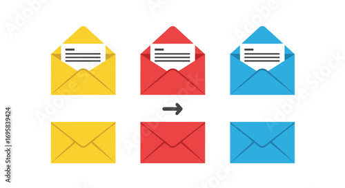 Three open envelopes showing a document and three closed envelopes below them