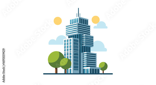 Modern high rise office building surrounded by green trees and bright sunshine on a clear day