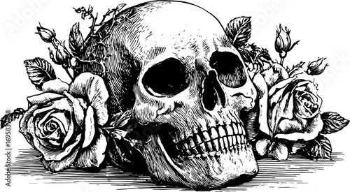 Vintage outline illustration of a skull with roses. Black and white engraving art creates a striking vector set.