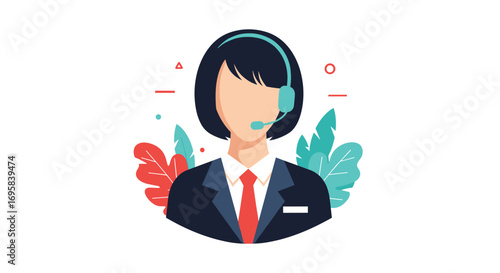 Professional customer service representative with headset and tie working in a modern office environment