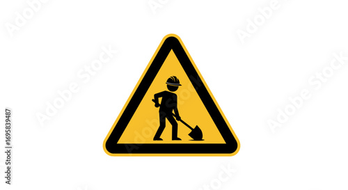 Cautionary warning sign shows worker digging with shovel, signaling construction or hazard ahead.
