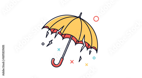 A yellow umbrella protects from falling rain drops and lightning bolts