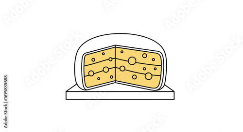 Cross section view of a round cheese block displayed on a simple white stand illustration