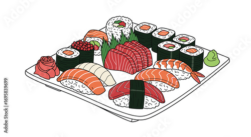 Delicious assortment of fresh sushi and sashimi on a platter