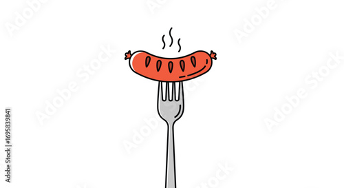 Delicious hot sausage skewered on a fork ready to be eaten for a meal