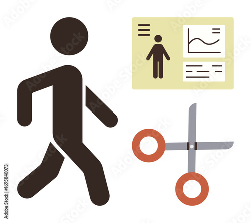 Simplistic human figure walking, profile card with stats and graphs, and scissors nearby. Ideal for decision-making, profiling, data analysis, organization, teamwork, creativity and management
