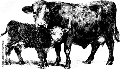 Cow and calf standing together in black and white engraving style. Farm animal vector illustration with detailed drawing.