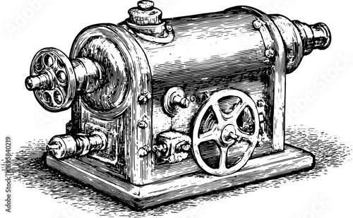 Vintage machine illustration in black and white outline. Detailed vector engraving of a mechanical design set for technical reference.