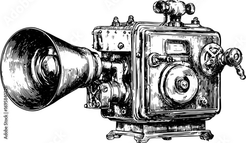Vintage speaker in black and white line drawing style. Detailed vector illustration showcasing classic sound machine aesthetics.