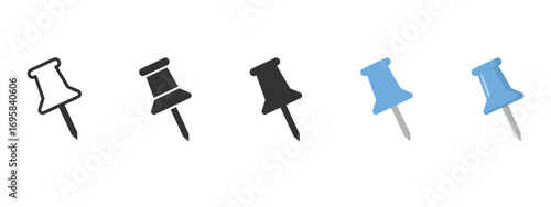 Vector push pin set in blue, black, and outline styles. Thumbtack icons for office stationery, corkboards, reminders, notes, maps, planners, and digital design projects