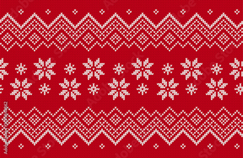 Holiday traditional ornament. Christmas pattern. Xmas winter knit seamless print. Red knitted sweater texture. Wool pullover. Geometric background with snowflakes. Festive crochet. Vector illustration