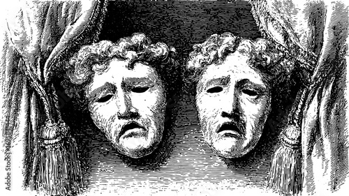 Set of classic tragedy theater masks with sad expressions and decorative curtain backdrop. Vintage engraving style vector illustration.