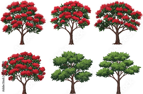 Flowering and non-flowering trees vector set with red blossoms, green foliage, seasonal botanical illustration for design, landscape, and education