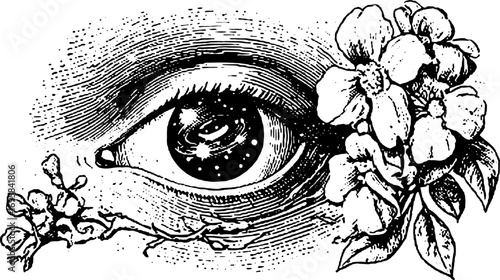 Eye surrounded by flowers in vintage outline style. Black and white vector illustration with intricate details.