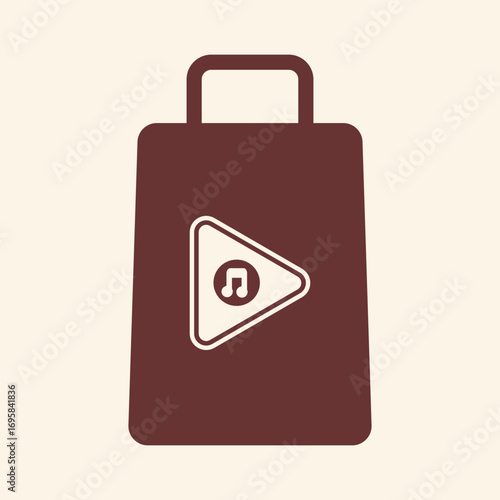 Modern shopping bag icon with music note play button for entertainment and retail concepts