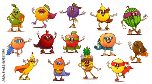 Cartoon groovy superhero fruit characters with hero capes. Retro hippie berry food vector personages of cute mango, apple, watermelon and pineapple. Funny groovy banana, kiwi and peach characters