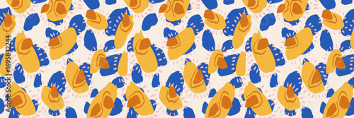 Seamless abstract vector pattern with bold organic shapes in mustard yellow, cobalt blue and terracotta tones. Modern artistic design for fabric, wallpaper and wrapping