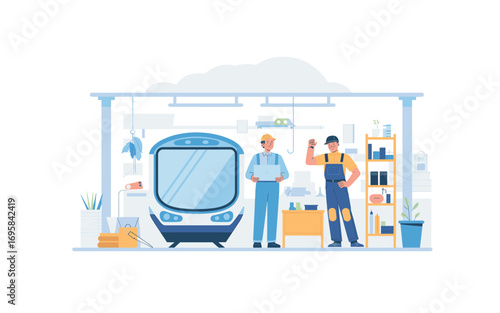 Train maintenance crew in garage; repair and inspection services for metro and transportation systems; infrastructure maintenance and worker safety; vector design concept.