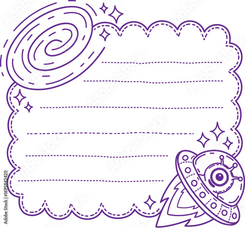 Space galaxy and UFO kids memo note frame. Child planner vector checklist, schedule page. Kids diary linear frame or scrapbook memo note template with galaxy disk, alien character in flying saucer