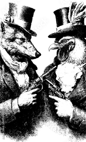 Anthropomorphic wolf and chicken in suits face each other with pistols. Monochrome vintage vector illustration with top hats, feathers, and detailed sketch style.