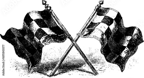 Checkered racing flags crossed in vintage style. Classic black and white sketch vector illustration.