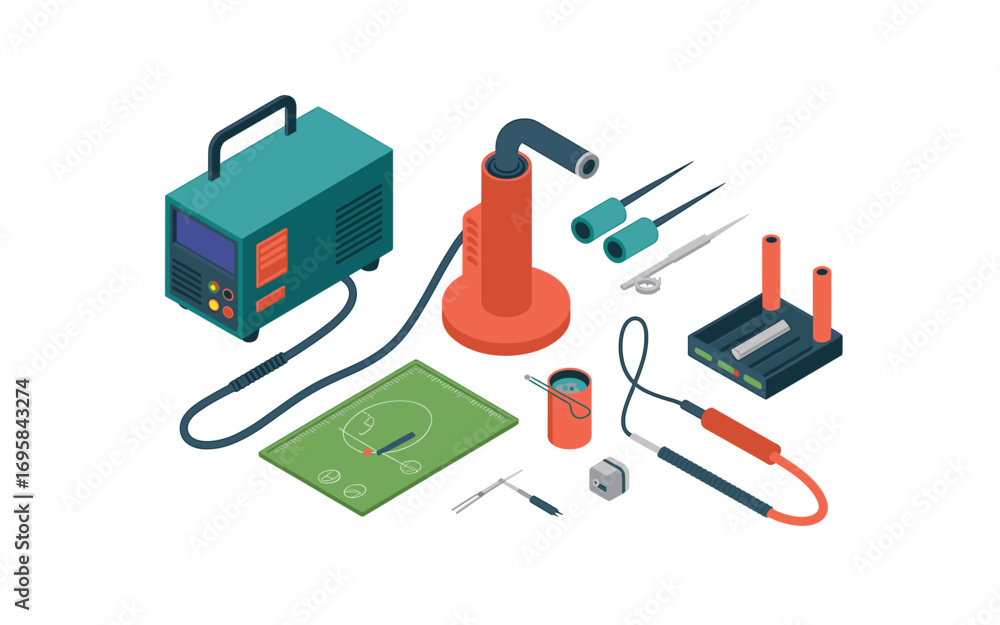 Isometric Solder Equipment: A Vector Illustration of Solder Station, Soldering Iron, Holder, Tips, Tweezers, Flux, Mat, and Desoldering Pump for Electronics Projects and Repair Isometric Solder Equipment: A Vector Illustration of Solder Station, Soldering Iron, Holder, Tips, Tweezers, Flux, Mat, and Desoldering Pump for Electronics Projects and Repair