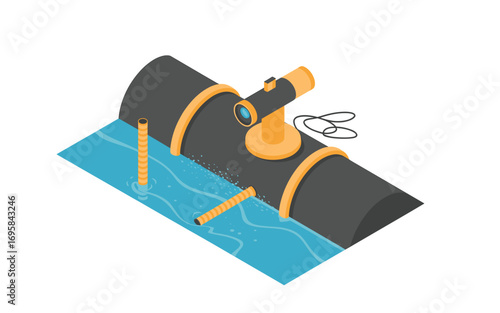 Isometric Illustration of Pipeline with Telescope, Water, and Pipes for Sewerage, Plumbing, or Industrial Applications with Clean Lines and Modern Design Aesthetic