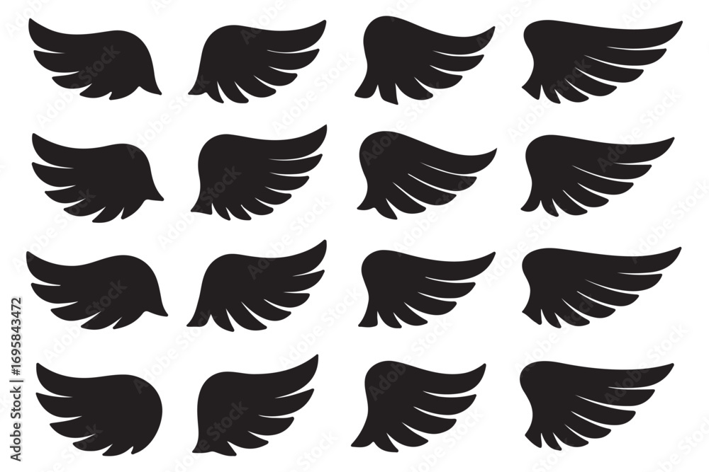 Obraz premium wing vector set, wing logo designs. Various artistic wing illustrations, bird, angel, bat, eagle, and minimalist wing icons for branding, tattoos, emblems, or fantasy design projects