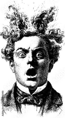 Man with shocked expression and wild hair. Black and white vintage engraving style vector illustration portrait.