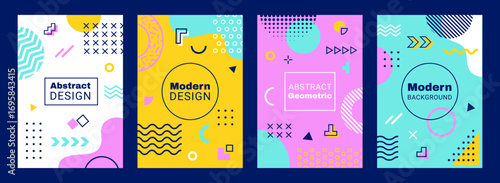 Memphis geometric shapes covers. Modern posters with abstract figures on vibrant backgrounds. Vector vertical cards with bold colors and playful patterns, with dynamic retro futuristic flair
