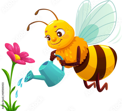 Cartoon cheerful honey bee character watering blooming pink flower with a watering can. Vector playful and cute honeybee insect personage conveying care, nature, growth and environmental friendliness