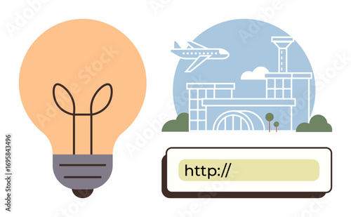 Light bulb beside an airport and web address bar, symbolizing creative ideas, innovation, travel, technology, global connectivity, internet browsing, and exploration. Ideal for tech tourism