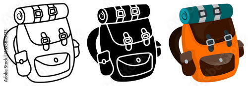 Set of hiking backpacks with rolled mat in three styles. Outline, solid black, and colorful design. Perfect for camping, trekking, travel, outdoor, and adventure illustration.