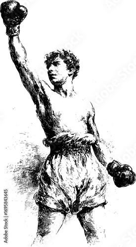 Boxer with gloves raising an arm in victory, shown in vintage sketch style. Monochrome sportsman illustration vector.