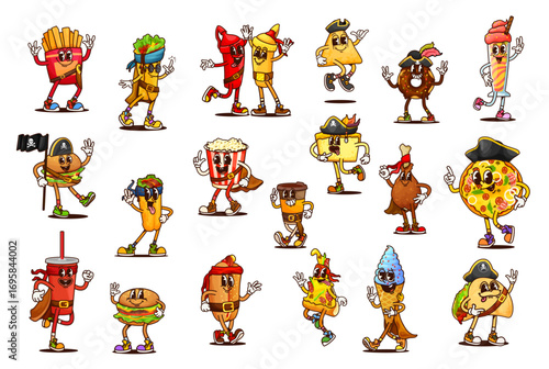 Cartoon groovy fast food pirate and corsair characters with captain hats. Vector retro groovy pizza, burger, soda and hot dog, y2k ice cream, fries, taco and burrito, coffee and donut personages