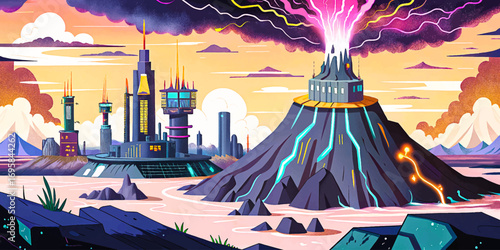 Cyberpunk volcanic eruption with neon lava streams and futuristic towers wallpaper vector, surreal dystopian scenery