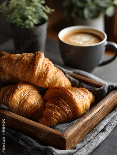 Freshly baked croissants on wooden tray with cup of coffee create cozy breakfast scene. flaky pastries and warm beverage evoke sense of comfort and indulgence