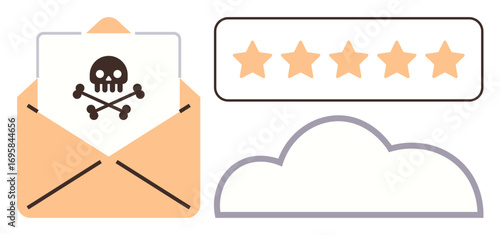Opened envelope with a danger sign on a letter, five-star rating bar, and cloud outline. Ideal for cybersecurity, phishing awareness, communication safety, data protection, user feedback, malware