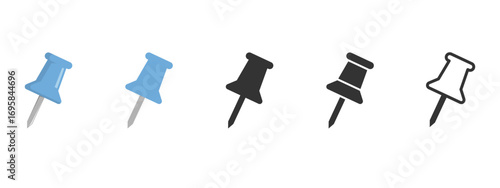Set of vector push pins in blue, black, and outline styles. Thumbtack icons suitable for office stationery, corkboards, notes, reminders, maps, planners, and digital design projects