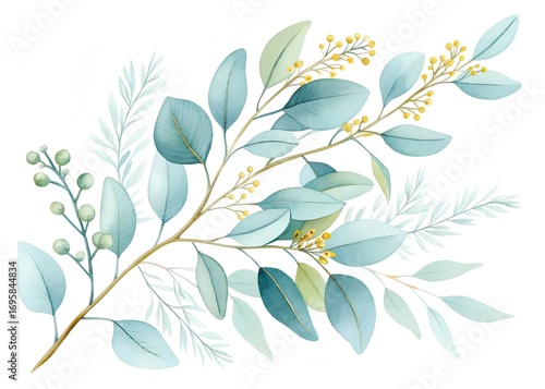 Watercolor Eucalyptus Branch with Golden Accents for Invitations and Decorations