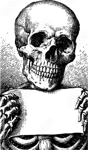 Skeleton holding a blank sign. Vintage black and white outline vector illustration emphasizing classic anatomical details in a monochrome style.