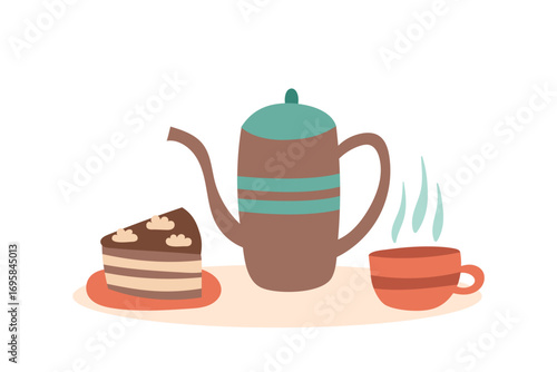 A coffee and a tea concept. Сoffee pot or teapot with a cup of beverage and a cake. Vector flat template. Concept of taking a break.