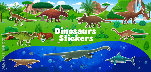 Cartoon prehistoric dinosaur characters stickers pack. Vector terrain dino and marine reptiles on green jungle and underwater backgrounds. land herbivores, aquatic creatures, tropical trees, waterfall