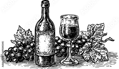 Vintage wine bottle and glass with grapes. Black and white outline illustration depicting a rustic beverage set.