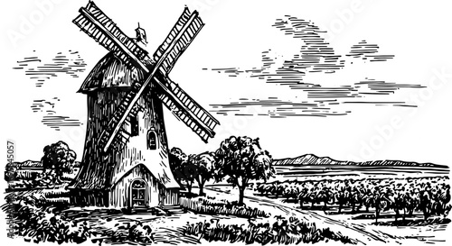 Vintage black and white outline drawing of a windmill in a rural landscape. Detailed vector illustration features trees and a scenic field.