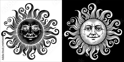 Illustration of a sun with a human face. Original illustration in a vintage retro engraving woodcut style.