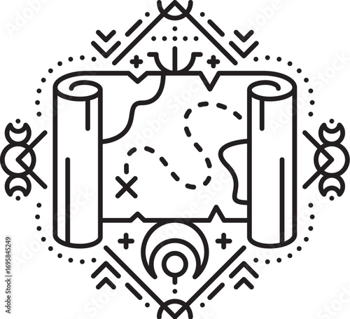 Pirate treasure map scroll esoteric line symbol. Buccaneer tarot linear vector tattoo, corsair marine esoteric outline symbol. Pirate nautical sacred print or sign with parchment paper ancient map